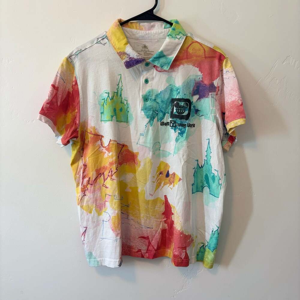 Walt Disney World Watercolor Castle Print Short Sleeve Polo Shirt